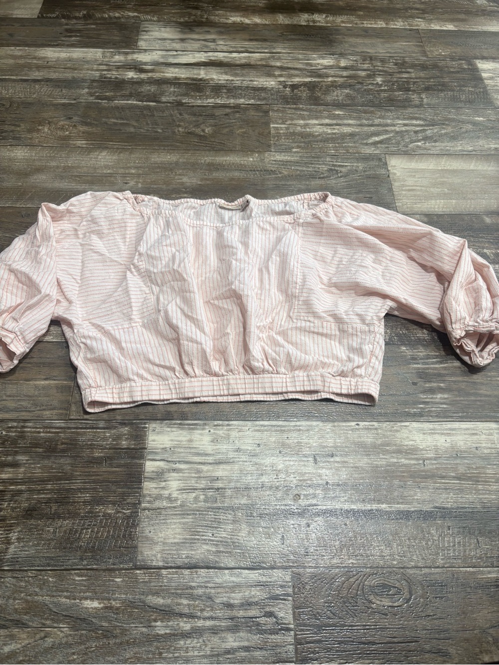 HOLDING HORSES Pale Pink Striped Off-Shoulder Crop Top